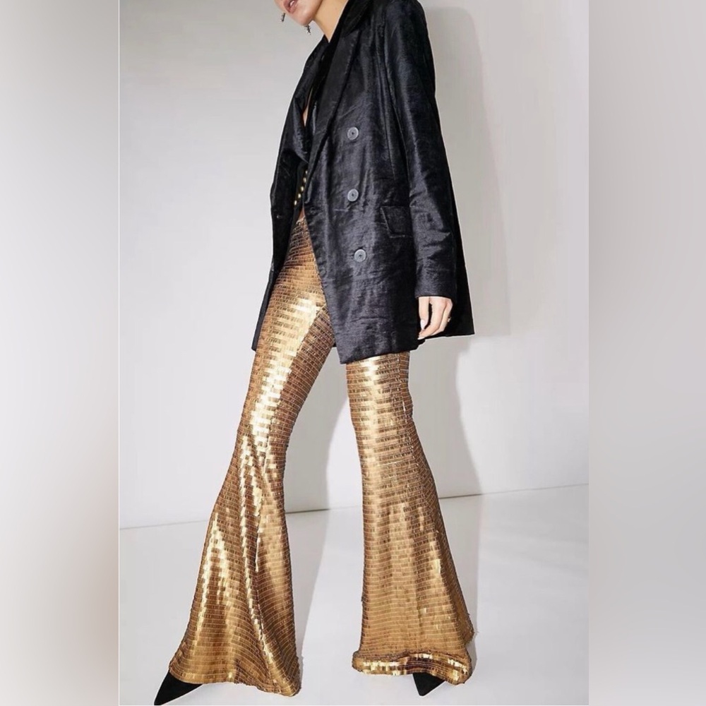 NWOT Free People Party Gold Sequin Flare Pants Matte Gold